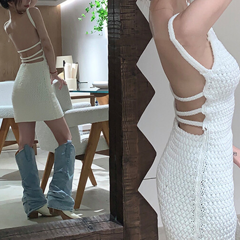 QADCOL Đầm Hai Dây Hở Lưng Màu Trắng Quyến Rũ Dành Cho Nữ