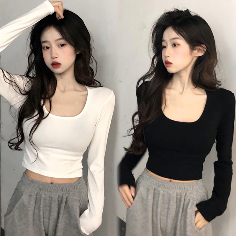 WANG JIAO ZHAN Áo croptop thun tay dài cổ chữ U thời trang nữ