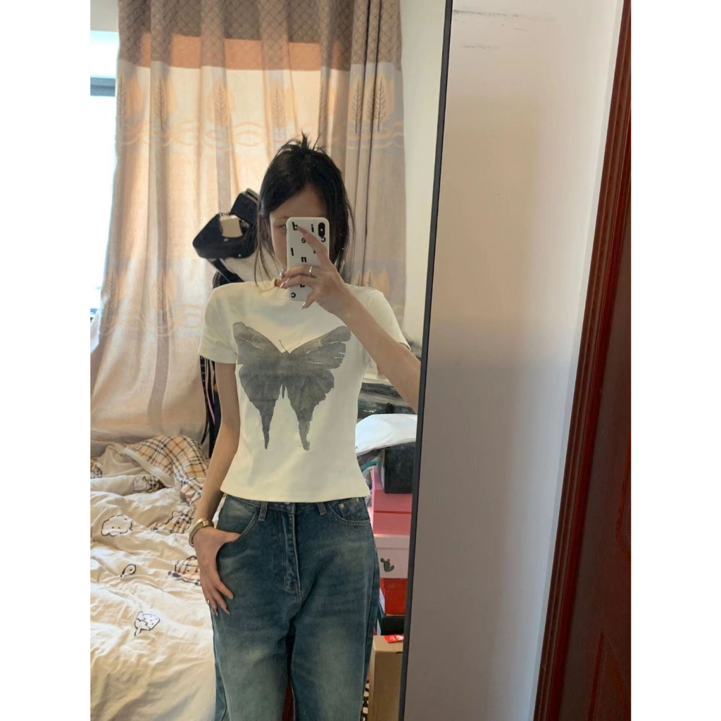 Ethelgirl Áo Thun Tay Ngắn Cổ Tròn In Hình Bướm Thời Trang Hàn Quốc Dành Cho Nữ