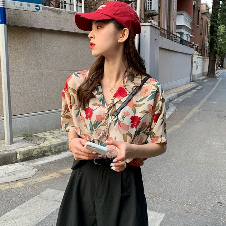 Áo Sơ Mi Chiffon Tay Ngắn Dáng Rộng In Họa Tiết Hoa Xinh Xắn Thời Trang Mùa Hè Cho Nữ