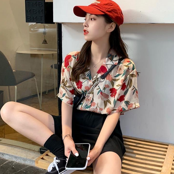 Áo Sơ Mi Chiffon Tay Ngắn Dáng Rộng In Họa Tiết Hoa Xinh Xắn Thời Trang Mùa Hè Cho Nữ