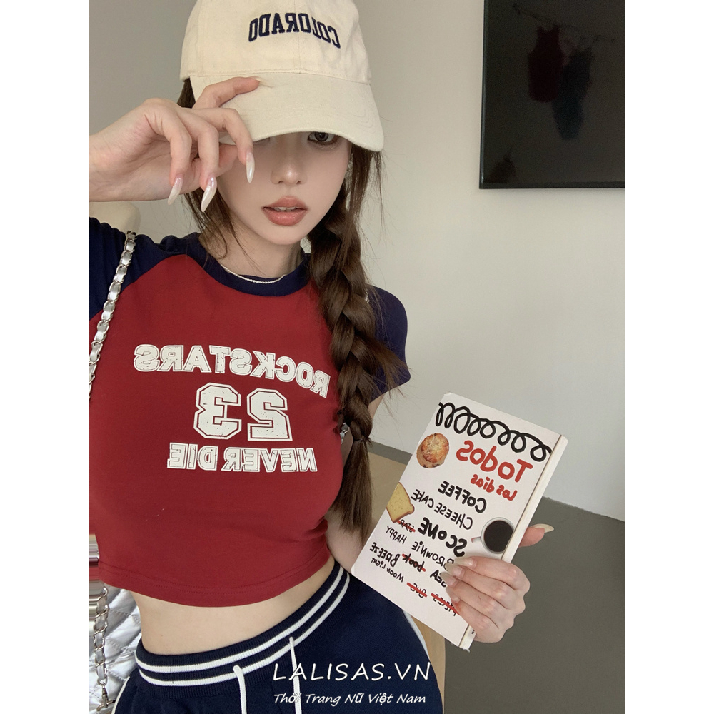 Lalisas Áo Croptop Tay Ngắn Cổ Tròn In Chữ Phong Cách vintage Mỹ Cho Nữ