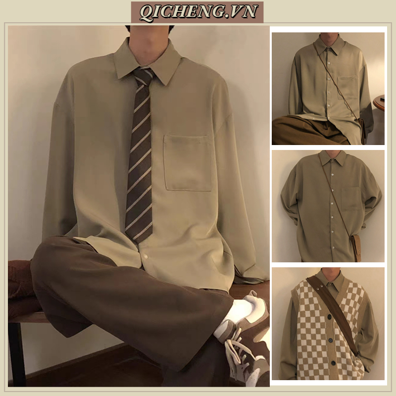Áo Sơ Mi Trơn Tay Dài Dáng Rộng áo sơ mi nữ form rộng Thiết Kế Đơn áo flannel Giản Kiểu áo kiểu nữ Retro Mỹ Cá Tính Áo sơ mi Nam Nữ