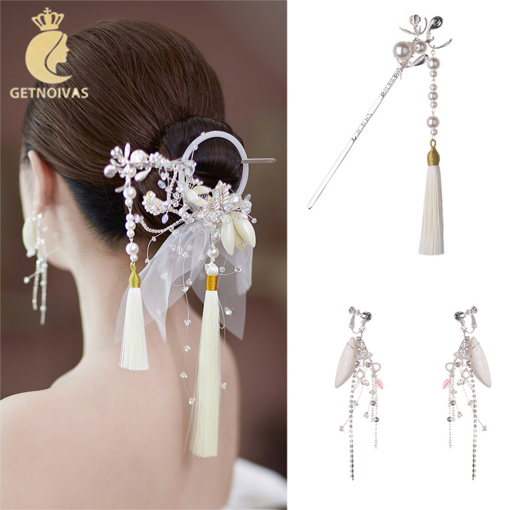 GETNOIVAS Bộ Bông Tai + Đũa + Kẹp Tóc Hoa Đính Ngọc Trai Bền Bỉ Phong Cách Trung Quốc Cổ