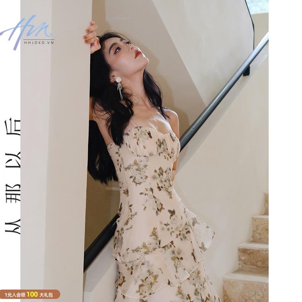 Đầm Hai Dây Dáng Dài Họa Tiết Hoa Phong Cách Retro Pháp