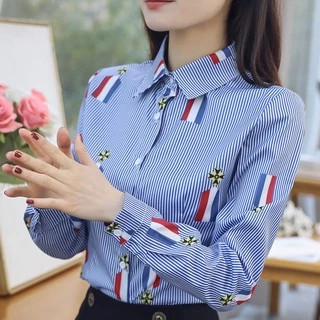 Áo sơ mi cho nữ tay dài họa tiết sọc dọc phong cách Hàn Quốc thời trang