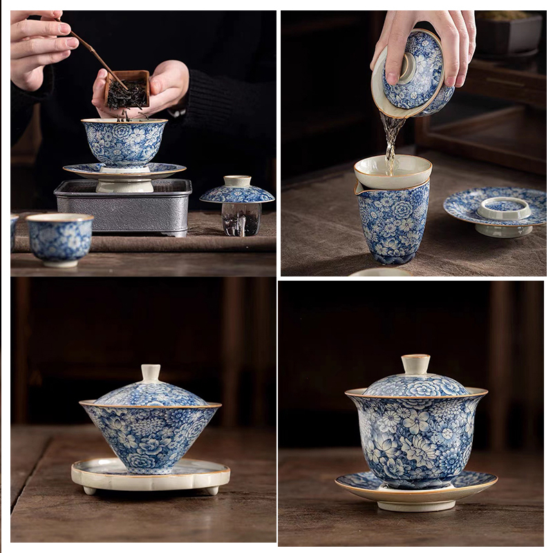 Sancai Bộ Tách Uống Trà Màu Trắng Xanh Lam Hàng Ngàn Hoa Không Rơi Vỡ