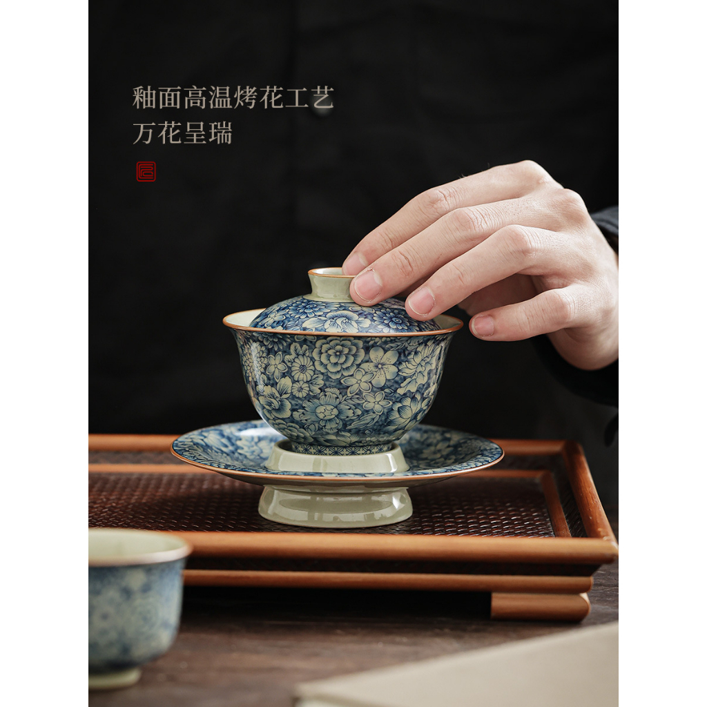 Sancai Bộ Tách Uống Trà Màu Trắng Xanh Lam Hàng Ngàn Hoa Không Rơi Vỡ