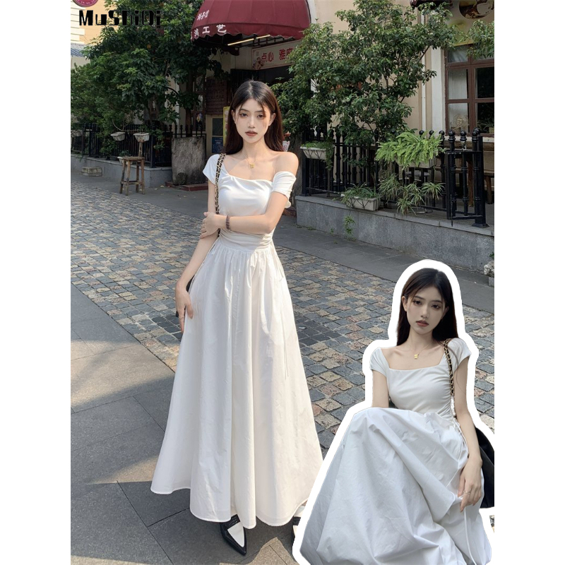 Mushiqi Đầm Dài Trung Bình Sát Nách Xếp Ly Xương Cá Kiểu Tối Giản Cao Cấp Phong Cách Tối Giản Mới Cho Nữ