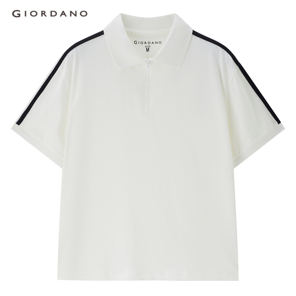 Áo thun polo GIORDANO 13313201 tay ngắn họa tiết 2 sọc phối khóa thời trang dành cho nữ