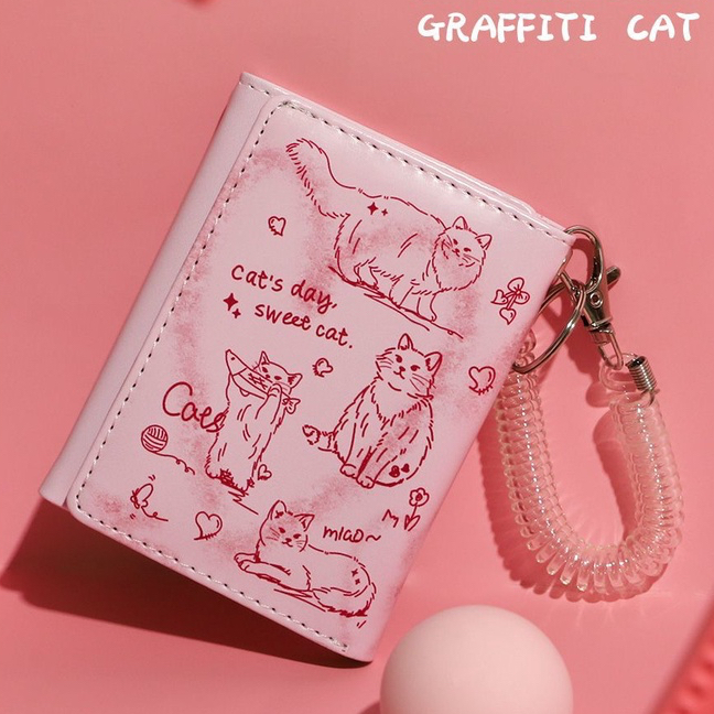 Ví 【Ví kẹp ngắn dễ thương hình mèo graffiti túi đựng thẻ dành cho nữ, ví đựng tiền xu nhiều vị trí đựng thẻ dung lượng lớn】