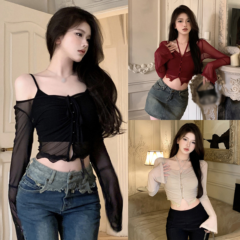 Áo Lưới Tay Dài Hở Rốn Dáng Ôm Thời Trang Quyến Rũ Cho Nữ