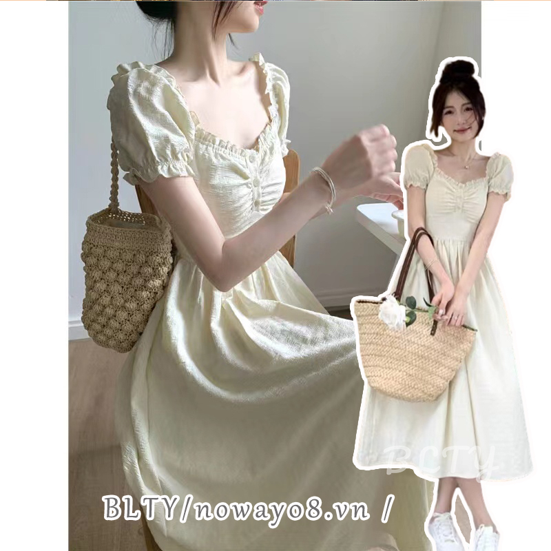 BLTY Đầm Midi Cổ Vuông Tay Phồng Phong Cách Pháp Cổ Điển Thời Trang Mùa Hè Mới Cho Nữ