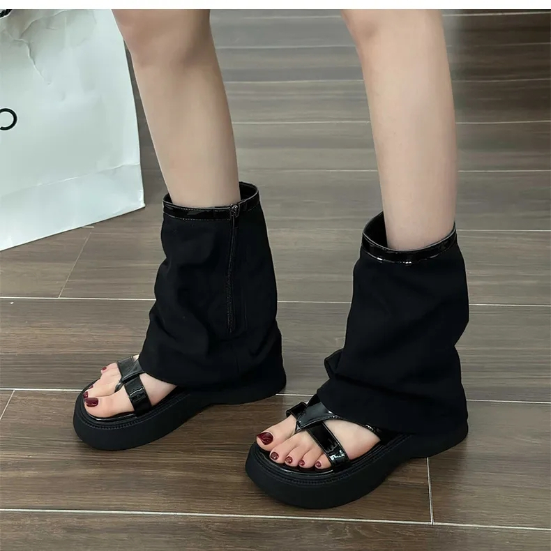 Giày Sandal Denim Đế Xuồng Dày Dặn Phong Cách Mới Cho Nữ
