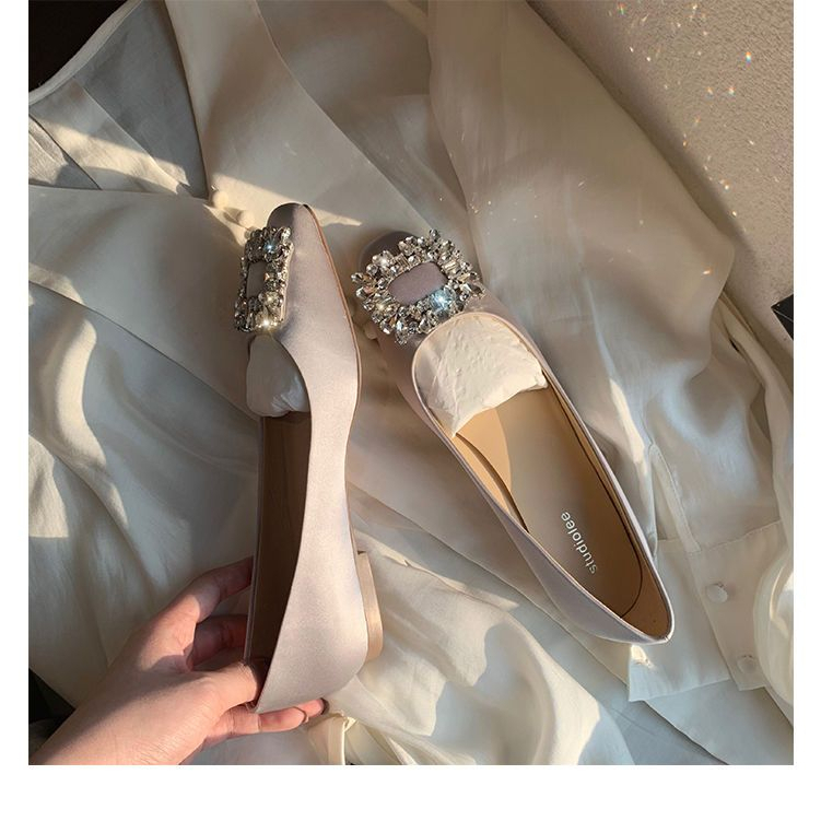 Giày Búp Bê Đế Mềm Mũi Vuông Đính Đá Xinh Xắn Dành Cho Cô Dâu / Size 33-44
