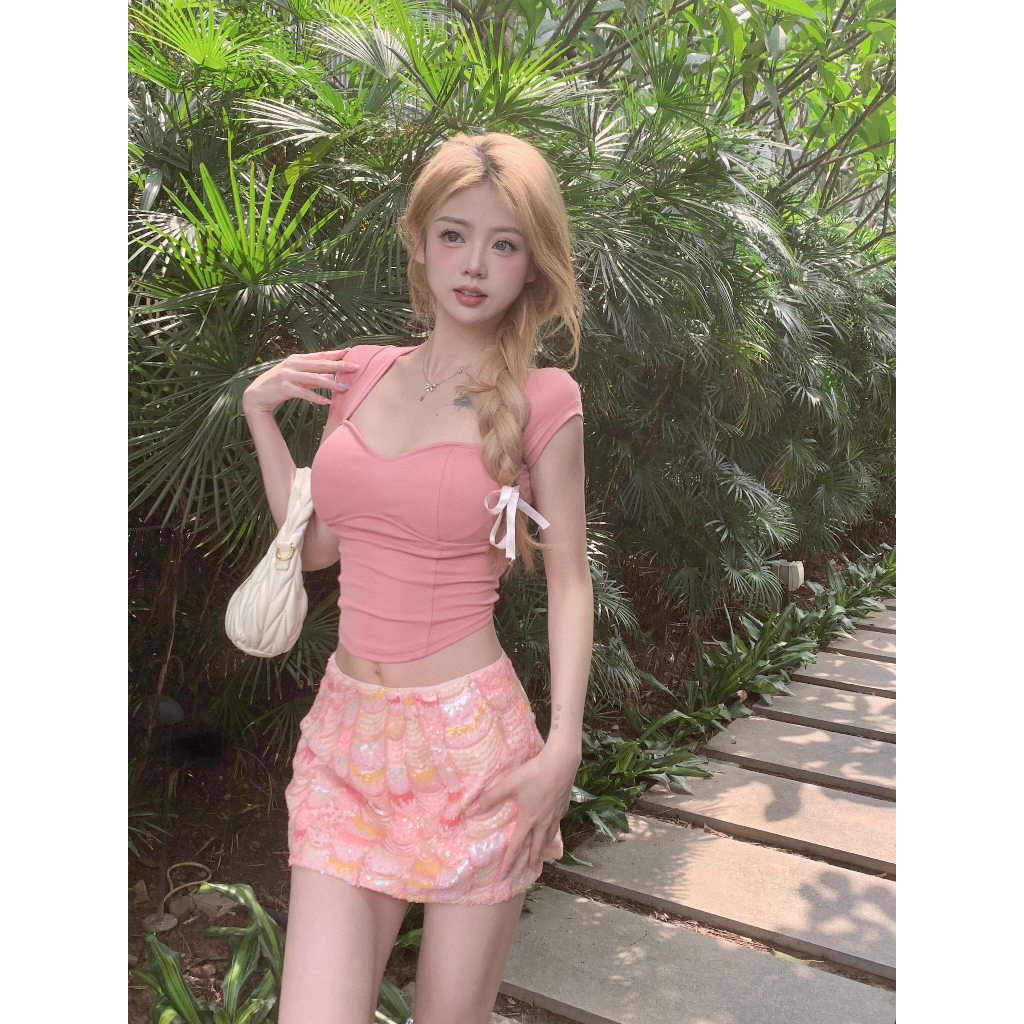 HUANG YOYO Áo Croptop Thun Tay Ngắn Hở Lưng Có Đệm Ngực Thời Trang Mùa Hè Phong Cách Hàn Quốc Cho Nữ