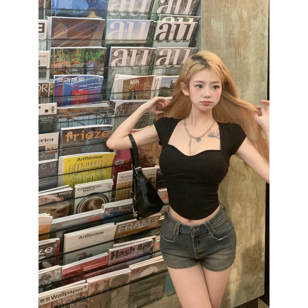 HUANG YOYO Áo Croptop Thun Tay Ngắn Hở Lưng Có Đệm Ngực Thời Trang Mùa Hè Phong Cách Hàn Quốc Cho Nữ