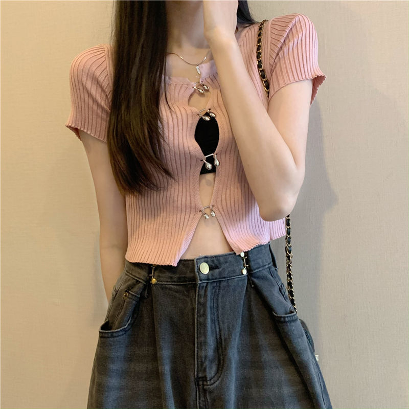 QADCOL áo croptop Áo Cardigan Dệt Kim Tay Ngắn Màu Đen Thời Trang Mùa Hè Cho Nữ áo trắng