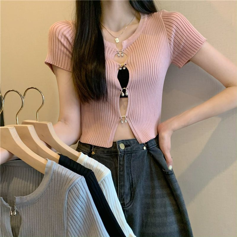 QADCOL áo croptop Áo Cardigan Dệt Kim Tay Ngắn Màu Đen Thời Trang Mùa Hè Cho Nữ áo trắng