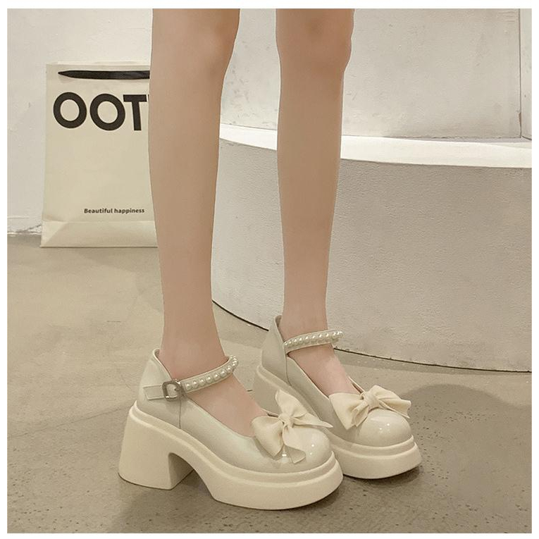 Giày Cao Gót Mũi Tròn Đính Nơ Phong Cách Mary Jane Thời Trang Cho Nữ
