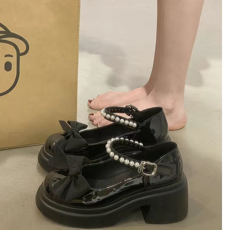 Giày Cao Gót Mũi Tròn Đính Nơ Phong Cách Mary Jane Thời Trang Cho Nữ