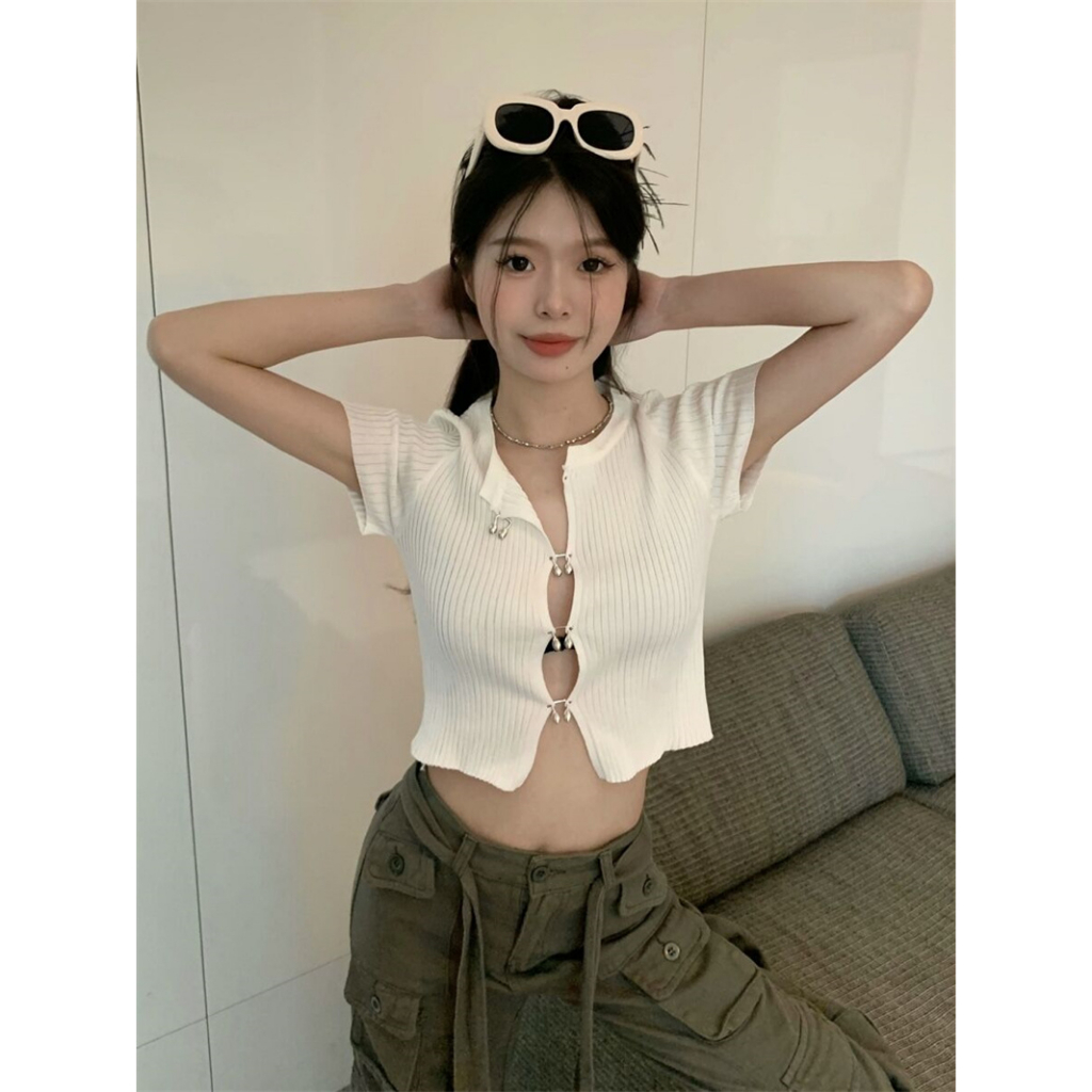 QADCOL áo croptop Áo Cardigan Dệt Kim Tay Ngắn Màu Đen Thời Trang Mùa Hè Cho Nữ áo trắng