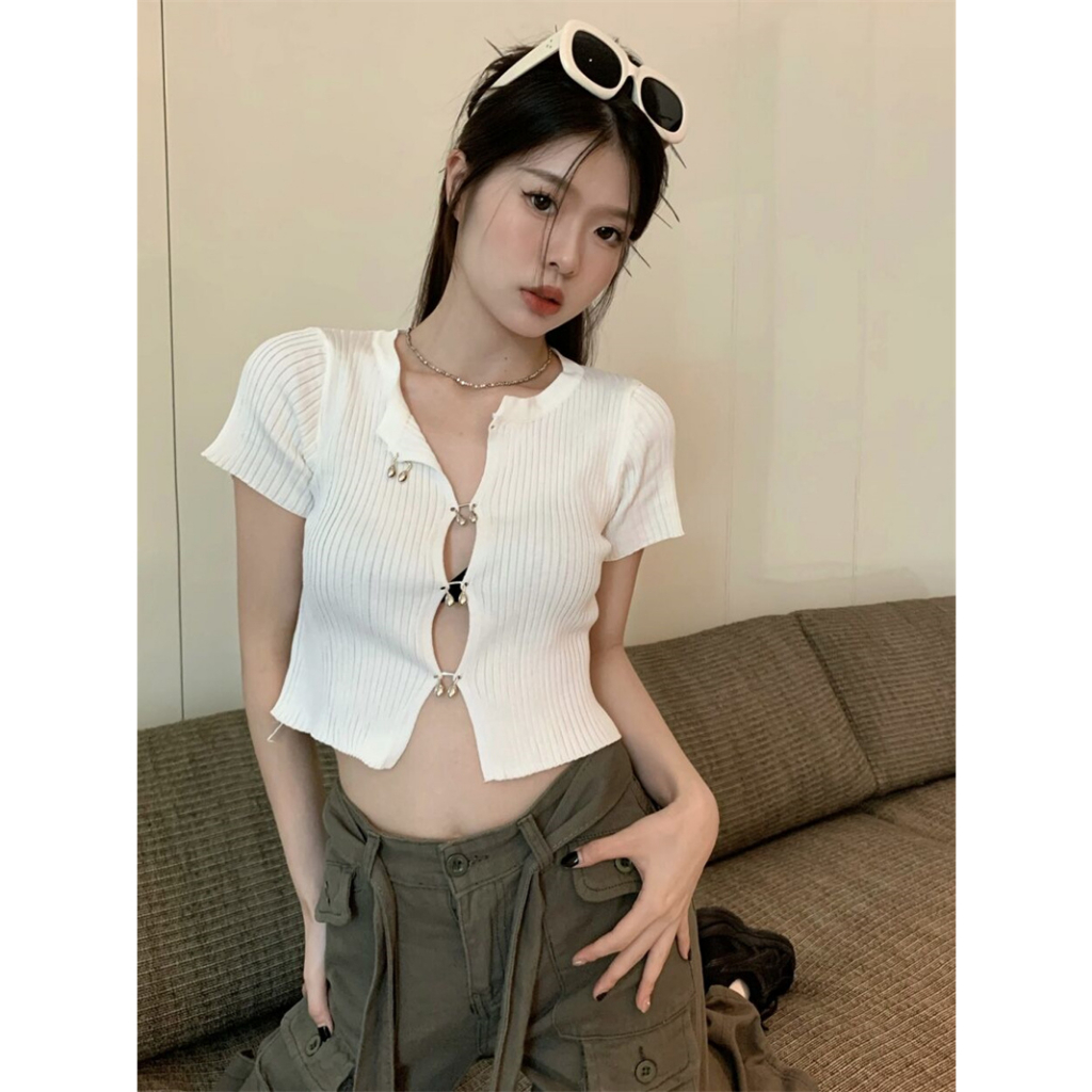 QADCOL áo croptop Áo Cardigan Dệt Kim Tay Ngắn Màu Đen Thời Trang Mùa Hè Cho Nữ áo trắng
