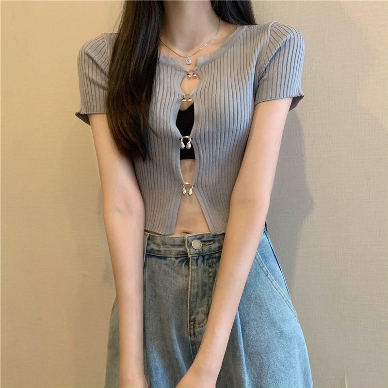 QADCOL áo croptop Áo Cardigan Dệt Kim Tay Ngắn Màu Đen Thời Trang Mùa Hè Cho Nữ áo trắng