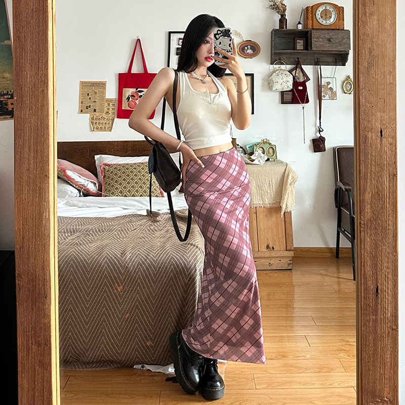Weird Puss Chân Váy Midi Chữ A Lưng Cao Họa Tiết Kẻ Sọc Màu Hồng Phong Cách Vintage Thời Trang Cho Nữ