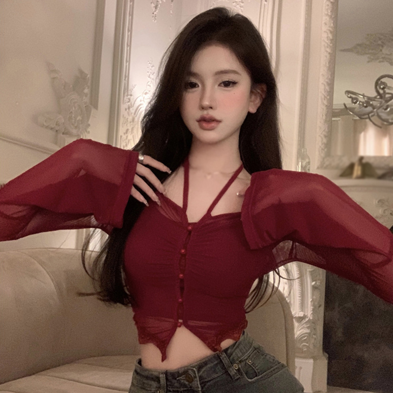 Áo Lưới Tay Dài Hở Rốn Dáng Ôm Thời Trang Quyến Rũ Cho Nữ