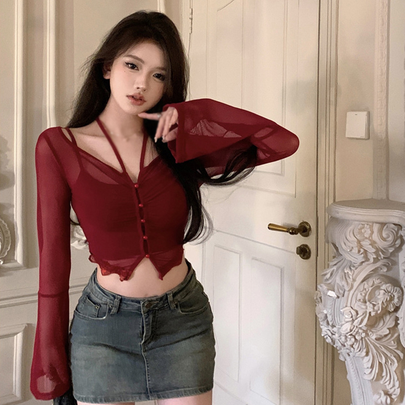 Áo Lưới Tay Dài Hở Rốn Dáng Ôm Thời Trang Quyến Rũ Cho Nữ