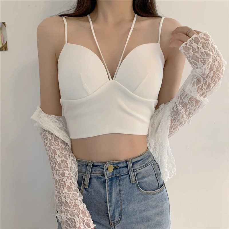 Áo Croptop Hai Dây Cổ Chữ V Màu Trơn Dáng Ôm Thời Trang Mùa Hè Quyến Rũ Cho Nữ