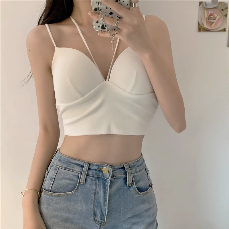 Áo Croptop Hai Dây Cổ Chữ V Màu Trơn Dáng Ôm Thời Trang Mùa Hè Quyến Rũ Cho Nữ