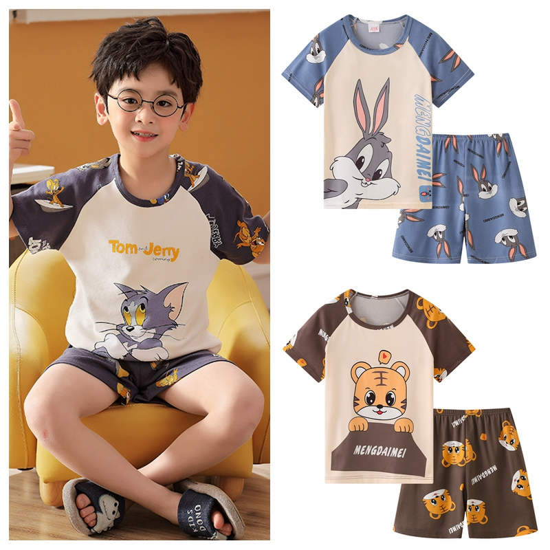 Bộ Đồ Ngủ Tay Ngắn Cổ Tròn In Họa Tiết Hoạt Hình Phong Cách Hàn Quốc Xinh Xắn Cho Bé