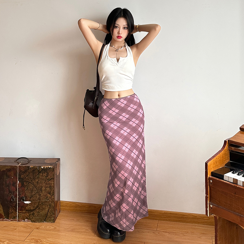 Weird Puss Chân Váy Midi Chữ A Lưng Cao Họa Tiết Kẻ Sọc Màu Hồng Phong Cách Vintage Thời Trang Cho Nữ