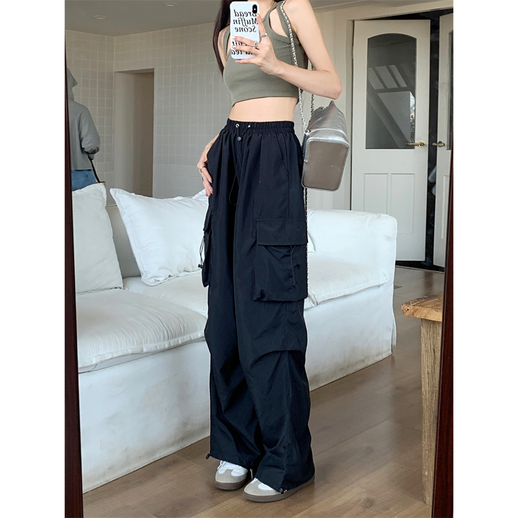 Lalisas Quần Yếm Ống Rộng Lưng Cao Có Túi Khô Nhanh Phong Cách Mỹ Cho Nữ