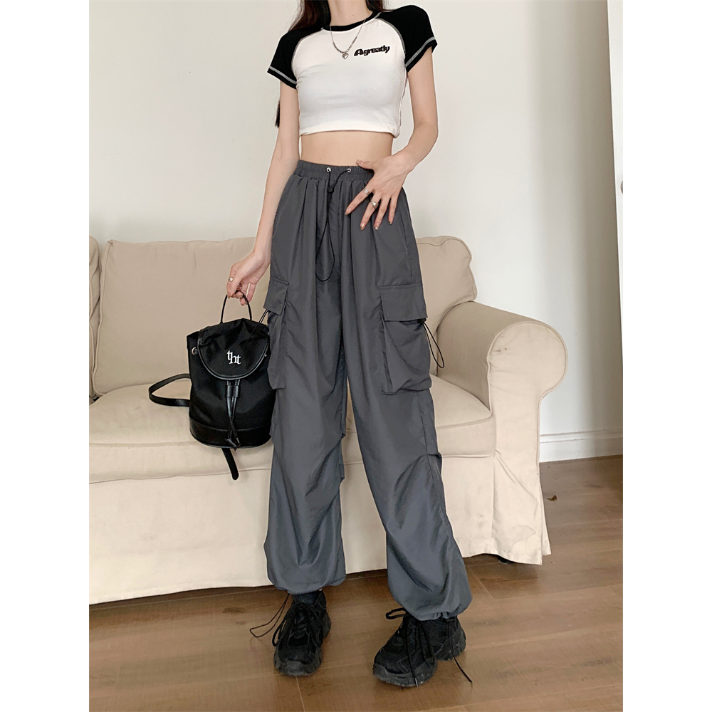 Lalisas Quần Yếm Ống Rộng Lưng Cao Có Túi Khô Nhanh Phong Cách Mỹ Cho Nữ