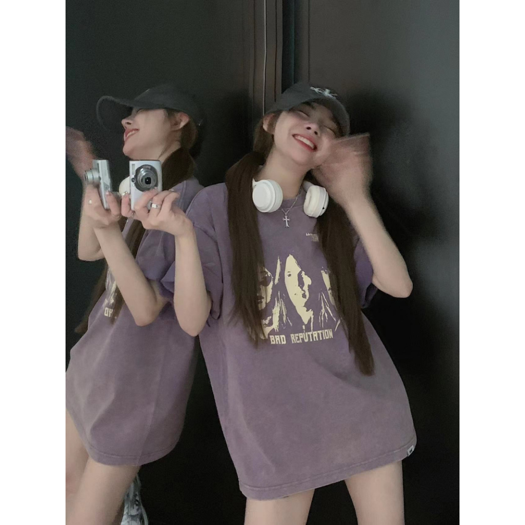 Ethelgirl Áo Thun unisex Dáng Rộng Tay Cộc In Họa Tiết Thời Trang Hàn Quốc Dễ Phối Đồ