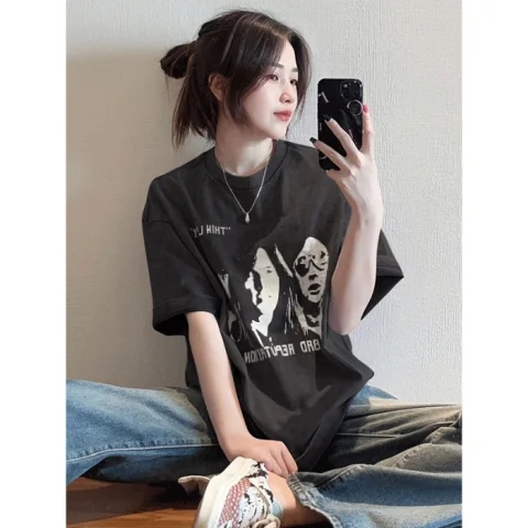 Ethelgirl Áo Thun unisex Dáng Rộng Tay Cộc In Họa Tiết Thời Trang Hàn Quốc Dễ Phối Đồ