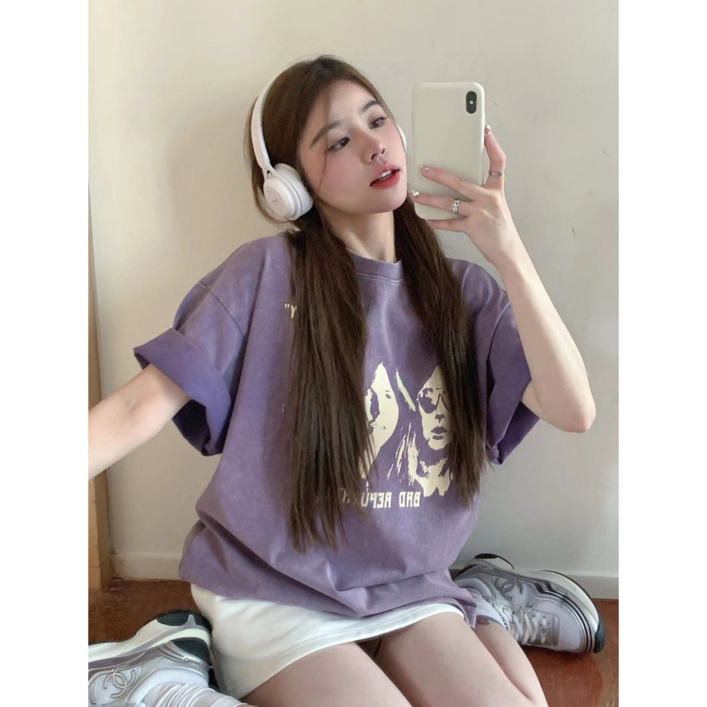 Ethelgirl Áo Thun unisex Dáng Rộng Tay Cộc In Họa Tiết Thời Trang Hàn Quốc Dễ Phối Đồ