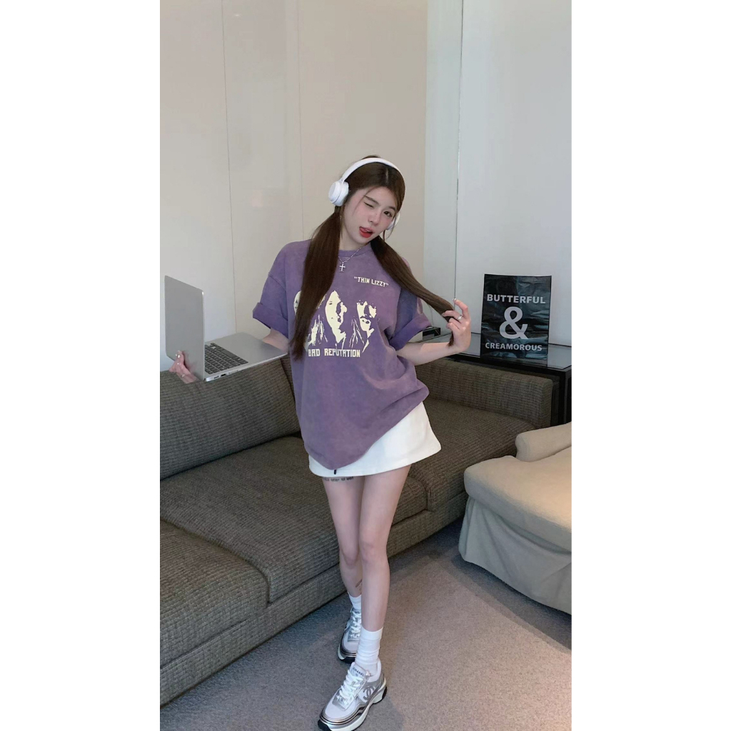 Ethelgirl Áo Thun unisex Dáng Rộng Tay Cộc In Họa Tiết Thời Trang Hàn Quốc Dễ Phối Đồ