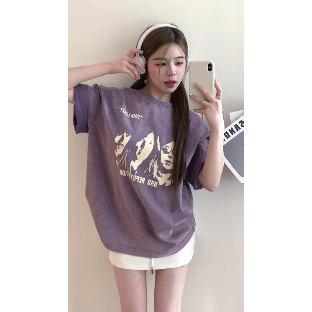 Ethelgirl Áo Thun unisex Dáng Rộng Tay Cộc In Họa Tiết Thời Trang Hàn Quốc Dễ Phối Đồ