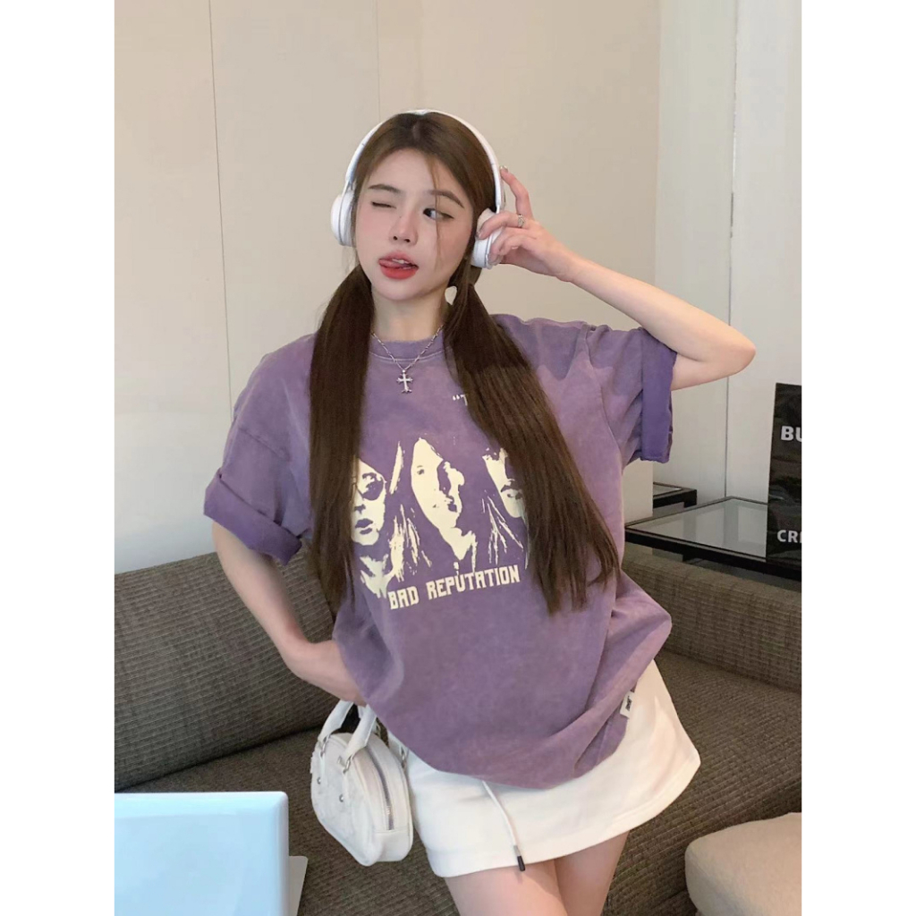 Ethelgirl Áo Thun unisex Dáng Rộng Tay Cộc In Họa Tiết Thời Trang Hàn Quốc Dễ Phối Đồ