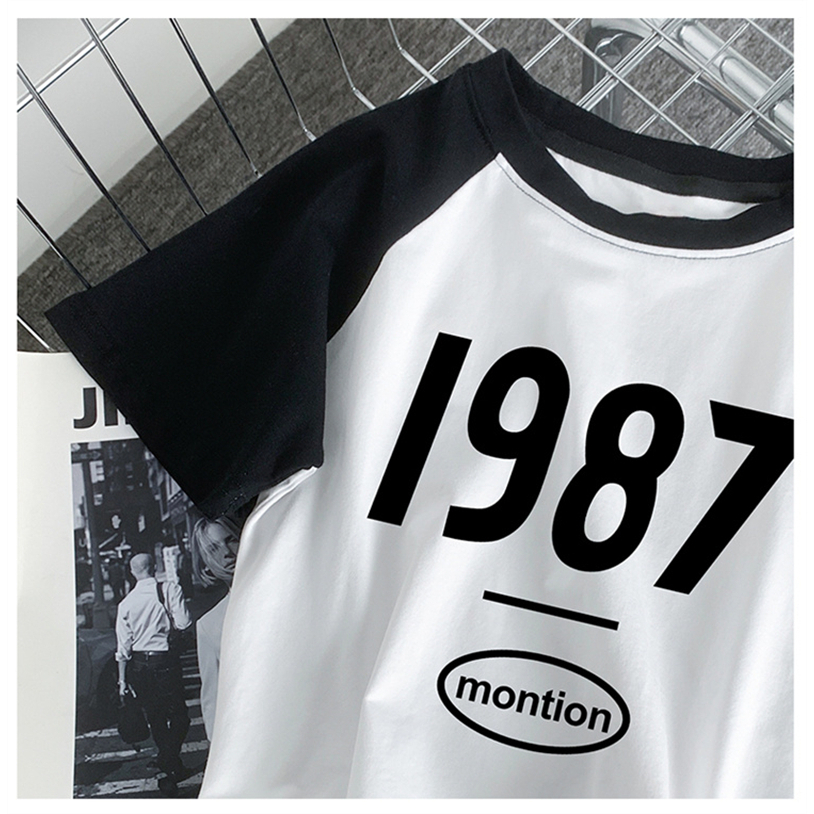 Áo Thun Tay Ngắn Hở Vai Phối Màu Tương Phản Phong Cách Retro Dành Cho Nữ