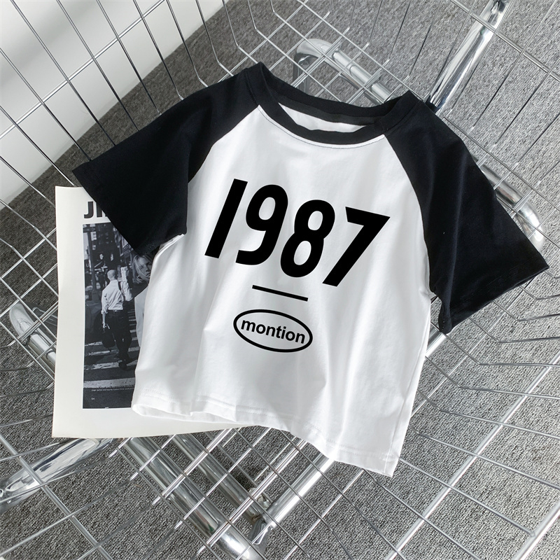 Áo Thun Tay Ngắn Hở Vai Phối Màu Tương Phản Phong Cách Retro Dành Cho Nữ