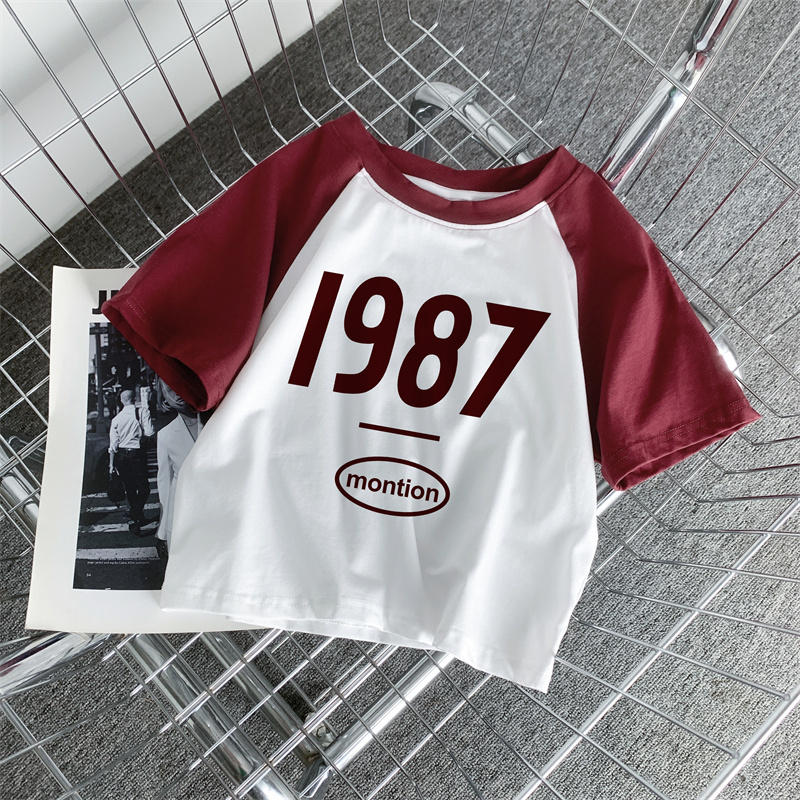 Áo Thun Tay Ngắn Hở Vai Phối Màu Tương Phản Phong Cách Retro Dành Cho Nữ