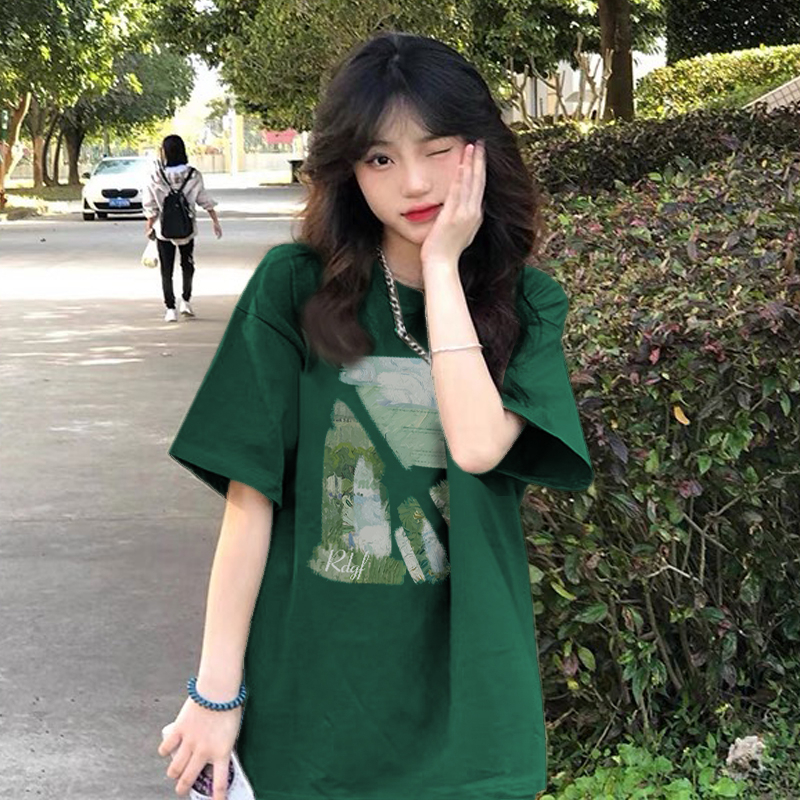 Áo Thun unisex Tay Ngắn Màu Xanh Lá Đậm Phong Cách Mỹ Mùa Hè Cá Tính