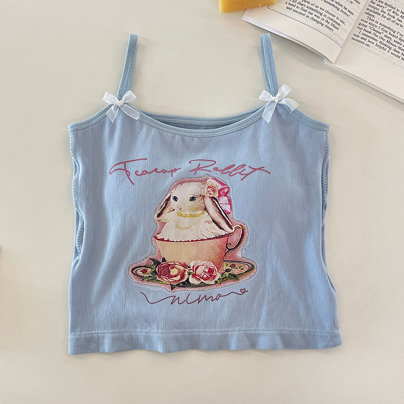 Áo Tank Top Sát Nách Vải Cotton In Hoạt Hình Thỏ Đính Nơ Có Mút Đệm Ngực Dễ Thương Cho Nữ