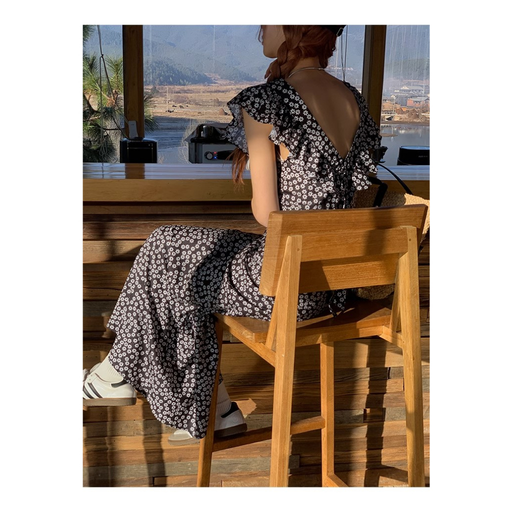 Đầm Hoa Dáng Dài Màu Đen Thời Trang Mùa Hè 2023 Cho Nữ