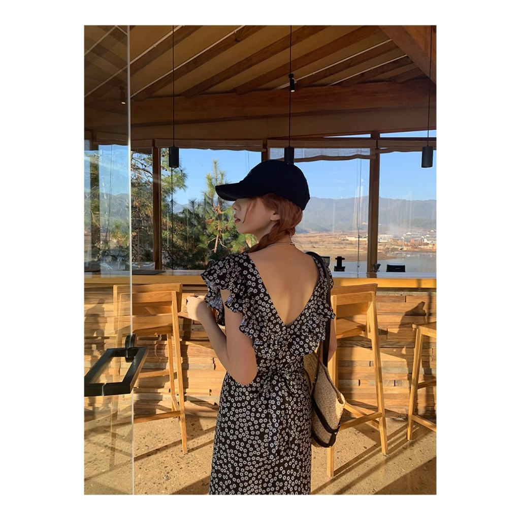 Đầm Hoa Dáng Dài Màu Đen Thời Trang Mùa Hè 2023 Cho Nữ